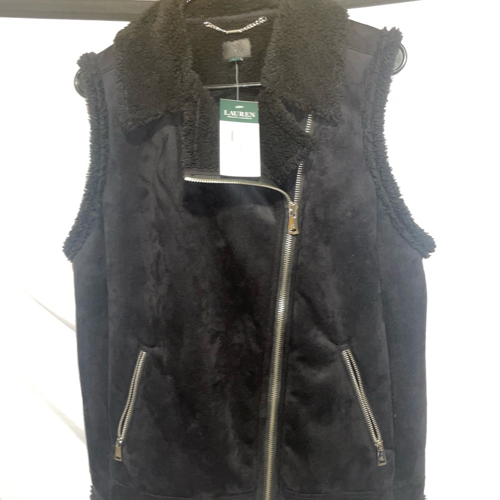Lauren Ralph Lauren Black Shearling Moto Vest with Silver Chain Detail - Picture 6 of 12
